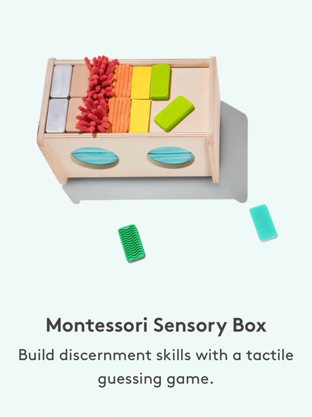 Lovevery Wooden Sensory Touch Box — Green, Yellow, Orange, Red, Silver Pieces